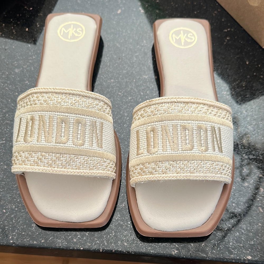 MKS Cream and Brown Sandals with Wide Strap and Textured Fabric